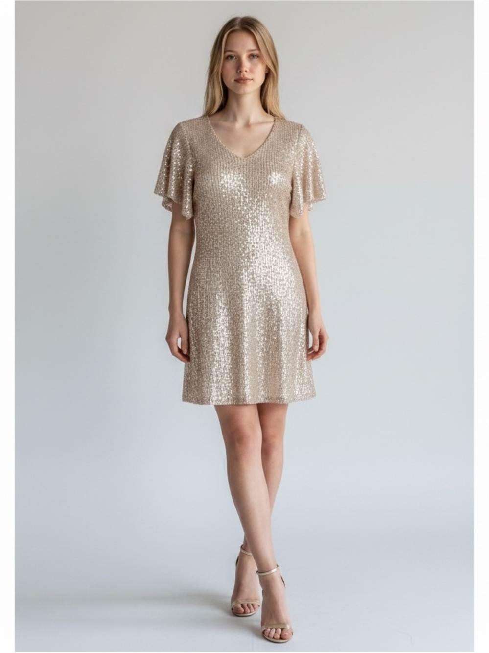 Sequin V-Neck Flutter Sleeve Dress in Champagne